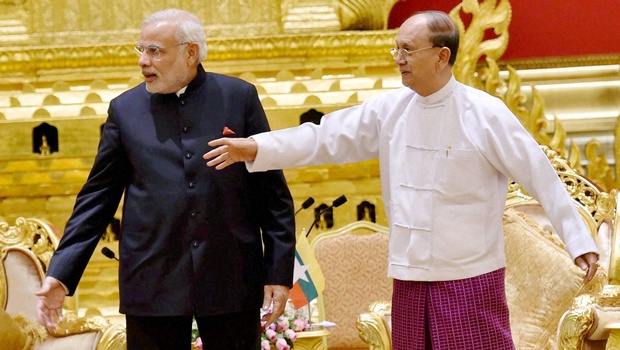 Narendra Modi with Thein Sein at Presidential Palace in Myanmar - PTI Photo
