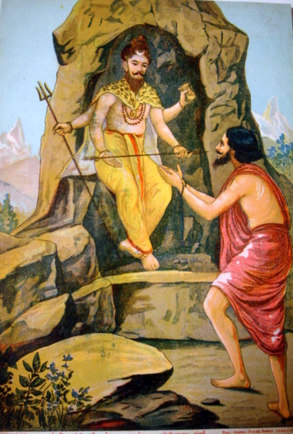 Arjuna recognises Shiva and surrenders to him. Painting by Raja Ravi Varma, 19th century.